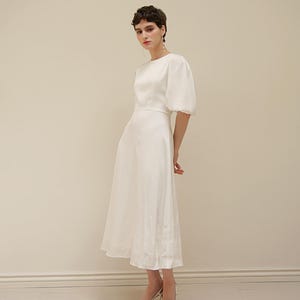 flutter sleeve stretch satin dress with ruffle hem Stacees Flutter Sleeve Ruched Long Bridesmaid Dress with Slit