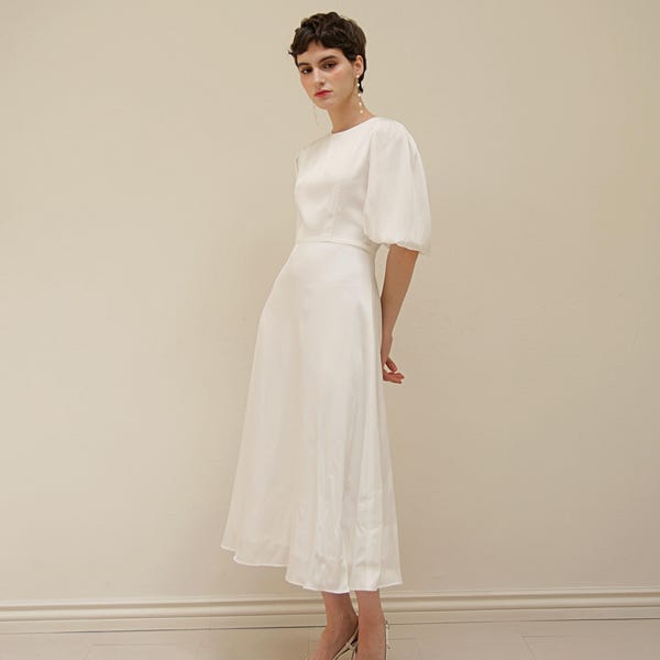 Simone Satin Midi Dress: Tea Length, Flutter Sleeves, Self Tie