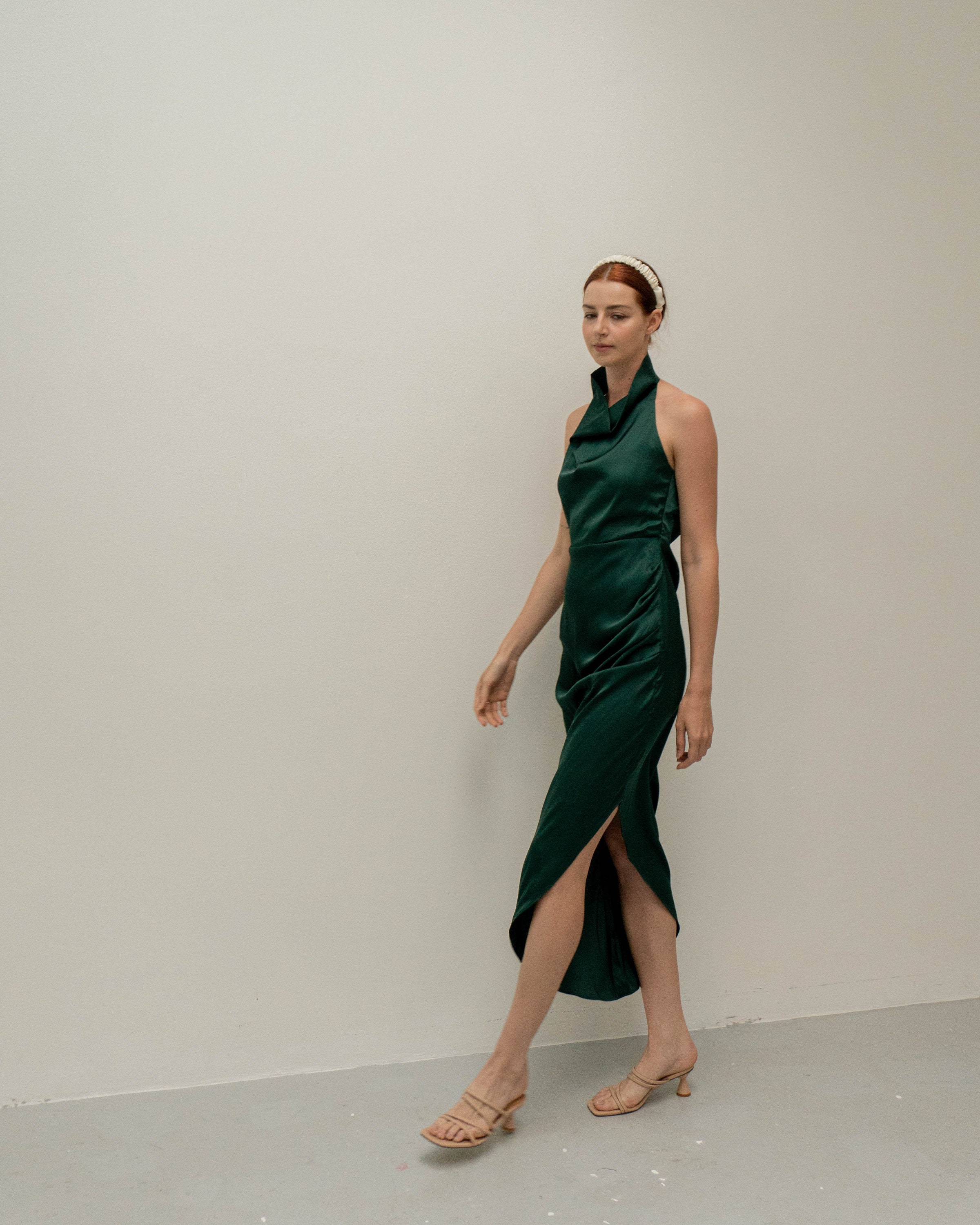 forest green tea length dress Daria Halter Neck Midi Dress