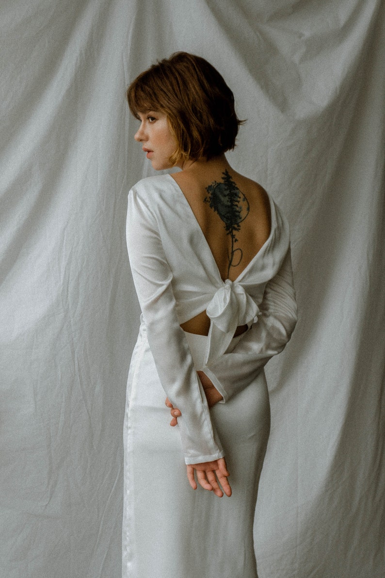 Mina Tea Length Silk Satin Dress Long Sleeves Simple Silk Satin Dress Open Back Satin Midi Pencil Dress