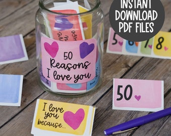 Why I love You - 50 Reasons I Love You Write In Cards - Valentine's Gift for Kids and Families - Printable Valentines Gift - Gift for him