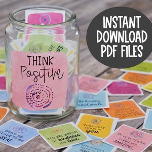 Cartões motivacionais de mensagens positivas para impressão - Frasco DIY inspirador de positividade - Cartões de intenção e afirmação - Conjunto de presente de positividade