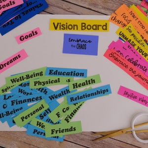 Peut inclure: Un tableau blanc avec les mots "Vision Board" &eacute;crits en noir sur une bande jaune. Le tableau est entour&eacute; de bandes de papier color&eacute;es avec des mots comme "Dreams", "Goals", "Well-Being", "Education", "Health", "Relationships", "Embrace the Chaos", "Unmask Your Inner Hero", "Be True", et "Positive Vibes".