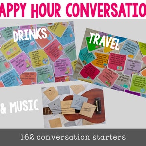 Happy Hour-drinkspel Conversatiestarters 3-pack: vraagkaarten voor drankjes, reizen en muziek