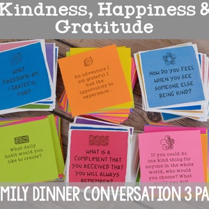 Renforcez les liens familiaux avec des démarreurs de conversation et des invites de journal, en explorant les thèmes de la gentillesse, de la gratitude, du bonheur et de la définition d'objectifs.