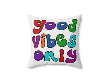Good Vibes Only Pillow | Colorful Retro Lettering Square Pillow | College Dorm Decor