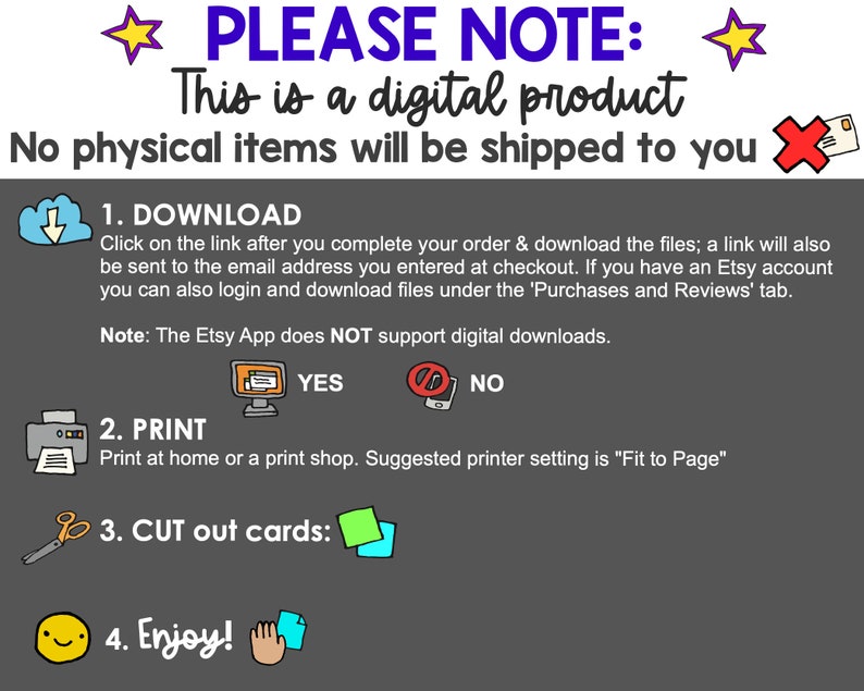 K&ouml;nnte beinhalten: Ein grauer Hintergrund mit wei&szlig;em Text, der "PLEASE NOTE: This is a digital product. No physical items will be shipped to you." lautet. Es sind vier Schritte mit Symbolen aufgelistet: 1. Herunterladen, 2. Drucken, 3. Karten ausschneiden und 4. Genie&szlig;en!