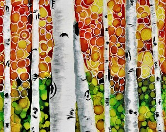 May include: Abstract painting of a birch tree forest with white bark and black markings. The background is a colorful mix of orange, yellow, green, and brown circles.