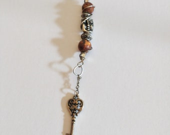 Long delicate chain BoHo Necklace, handmade pendent, with Matte brown agate beads ,with silver face bead and key charm