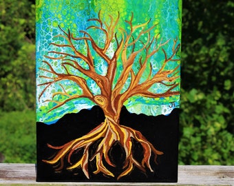 9x12 original acrylic on canvas painting.  Tree of Life Acrylic pour painting