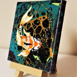 4x4 mini canvas painting. Koi fish with bubbles Acrylic Painting over an original acrylic Pour painting with easel
