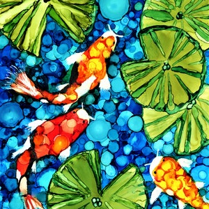 Matted Art print of an original alcohol ink painting Koi fish pond