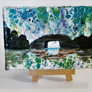 4x6 acrylic canvas painting. Walking bridge landscape. mini landscape painting
