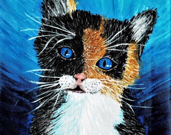 Matted print and greeting card of original acrylic painting of" blue eyed kitty"