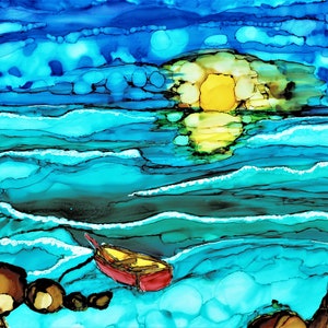 Print of an Original Alcohol Ink &quot;Boat at sunset&quot; ( 11x14 Mat with 8x10 Picture (8x10 mat with 5x7 picture (5x7 frame card with 4x6 picture)