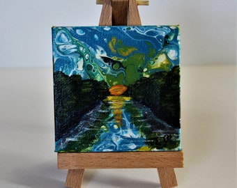 3x3 mini acrylic canvas painting. Mountain Lake sunset original canvas painting over an acrylic pour.