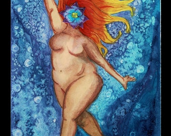 Flower Goddess", original watercolor painting. 5x7 art print mated or un mated or 4x6 print in a 5x7 blank greeting card