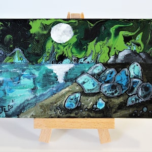 4x6 acrylic canvas painting. Full Moon reflection over water.