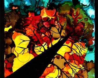 May include: Abstract painting of a tree with a black silhouette against a colorful background of yellow, orange, red, and blue. The tree branches are spread out and the background is filled with swirling colors.