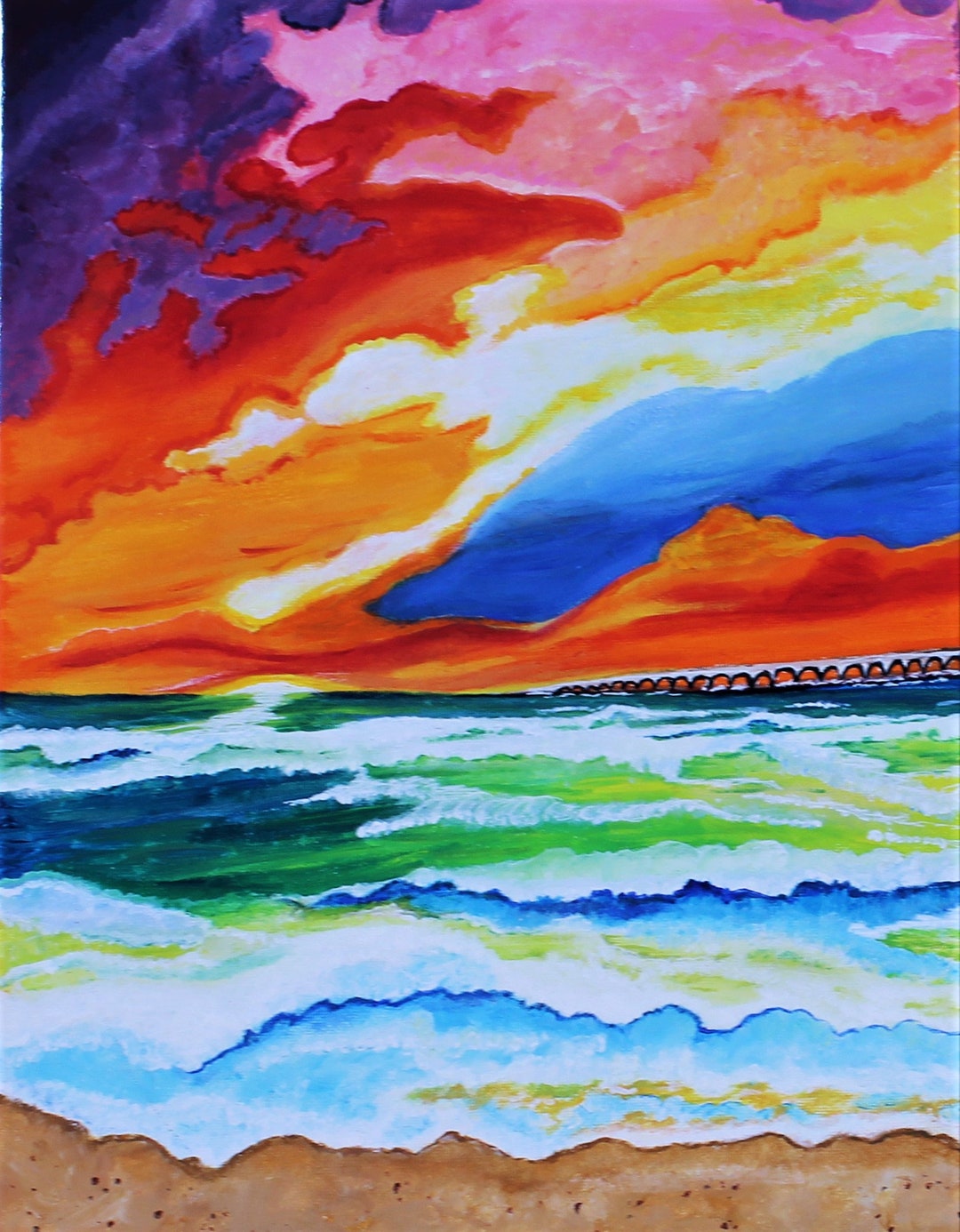 16x12 Original Acrylic Painting on Canvas " Pink and Orange Ocean ...
