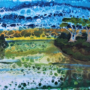5x7 acrylic canvas painting. Trees over the lake painting