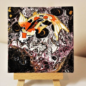 4x4 canvas Koi fish with bubbles Acrylic Painting over an original acrylic Pour painting with easel