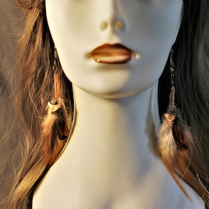 Red Tail Pheasant Feather Earrings with copper bird and wrapped with copper wire
