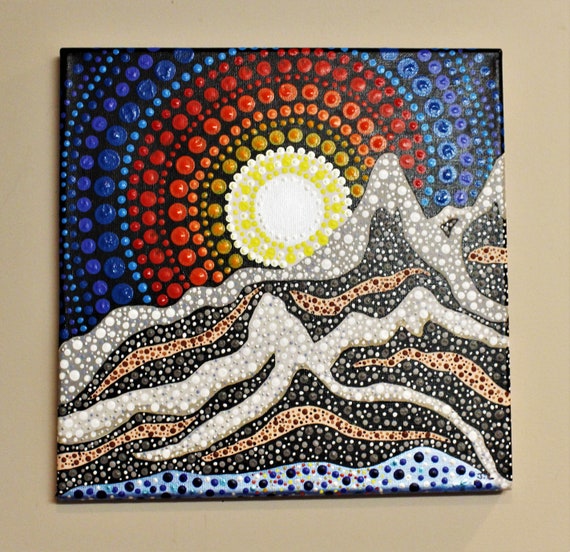 12 X 12 Original Acrylic Dot Painting Technique on Canvas. Snowy Peaks Dot  Painting 