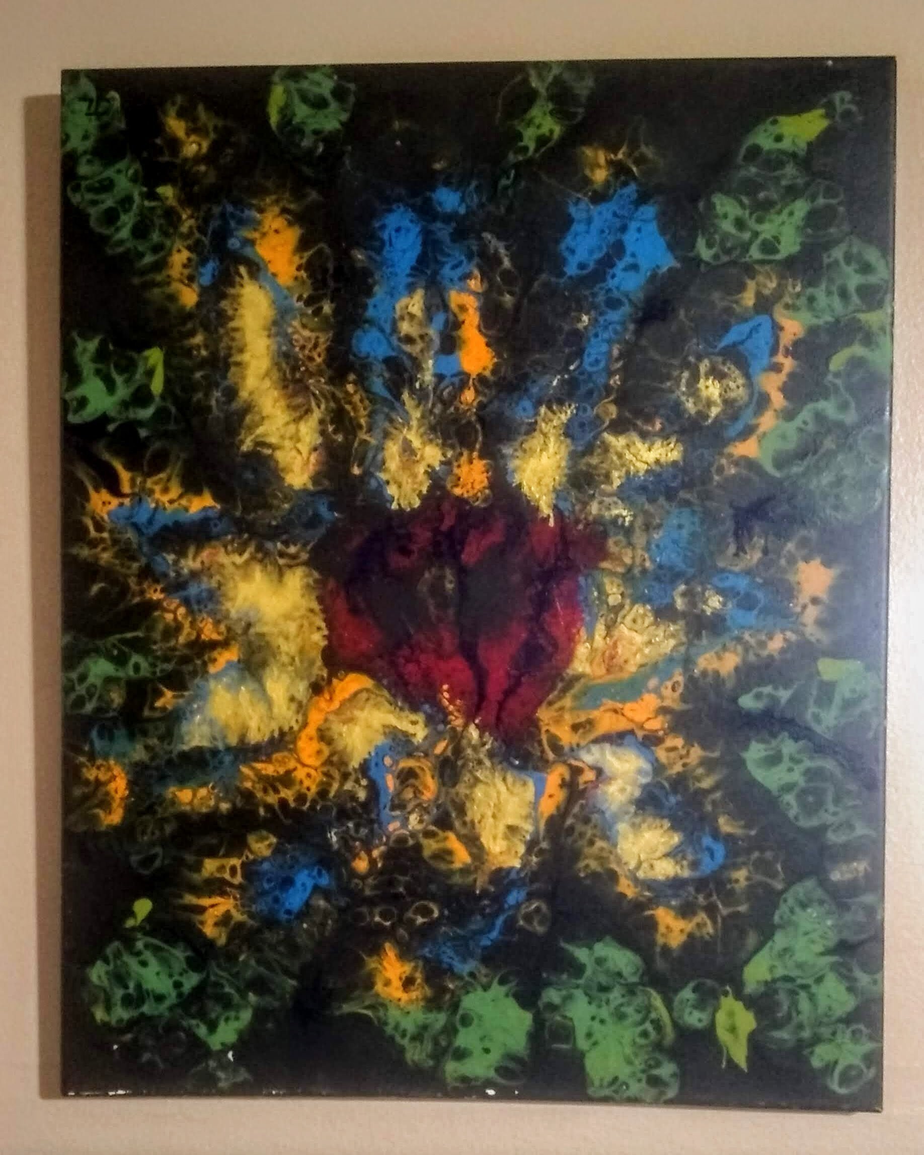 16 x 20 キャンバスに描かれたアクリル抽象画（額入り）。ローズ