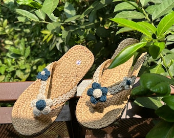 Handmade Flip Flops for Women, Straw Slippers, Flower Embroidery Flip-flops, Handmade Beach Shoes, Thong Sandals, Toe-post, Pluggz FlipFlops