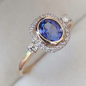 14K/18K GOLD NATURAL TANZANITE  Wedding Ring, December Birthstone Ring, Anniversary Gift For Her, Tanzanite Diamond Halo Dainty Jewelry