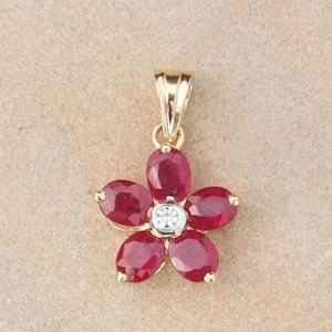 Natural Ruby Diamond Flower Pendant, 14k/18k Yellow Gold