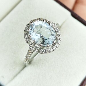 92.5 STERLING SILVER NATURAL Oval Aquamarine Surrounded by White Topaz Halo Ring, March Birthstone Jewelry, Bridesmaid Jewelry