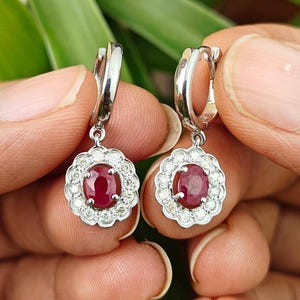 Natural Ruby Charm Hoops, July Birthstone Jewelry, Dangler Designer Earrings for Woman, Trendy Hollywood Style Halo Sterling Silver Earrings