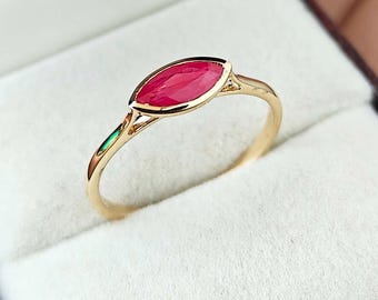 14K Yellow Gold Marquise Ruby Ring, Bezel Set