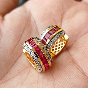 Ruby and Diamond Hoop Earrings, Sterling Silver, July Birthstone