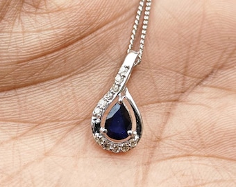 Natural Sapphire and Diamond 14k/18k White Gold Pendant, September Birthstone Gift