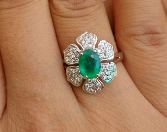 Emerald and Diamond Ring, 18k White Gold, May Birthstone