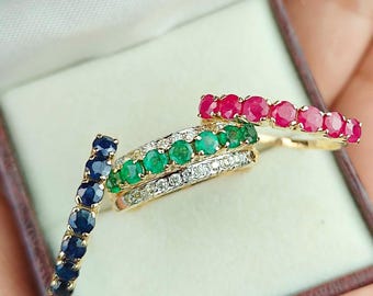 Emerald Ruby Sapphire 14K Gold Ring Set, Anniversary Gift