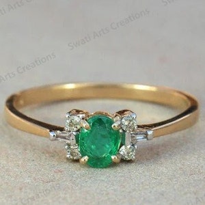 Handmade Zambian Emerald Ring, Emerald & Diamond Baguette Ring, 14K Yellow Gold Ring, May birthstone Ring, Wedding Band, Green Emerald Ring