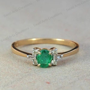 Handmade Zambian Emerald Ring, Emerald & Diamond Baguette Ring, 14K Yellow Gold Ring, May birthstone Ring, Wedding Band, Green Emerald Ring