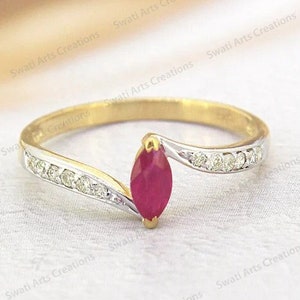 14K/18K Gold Natural Ruby And Diamond Bypass Shank Ring, Genuine Ruby Ring, July Birthstone Ring, Ruby Gold Ring, Marquise Ruby Ring