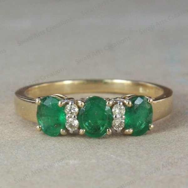 925 STERLING SILVER NATURAL Emerald Sapphire Trilogy Ring, Bijoux fins faits à la main, Cadeau de fête des mères pour maman, Cadeau de bijoux précieux pour femme