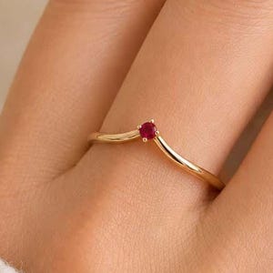 100% NATURAL RUBY CHEVRON Minimalist Ring, 9K/14K Gold V Shaped Wedding Band, Curved Stacking Ring