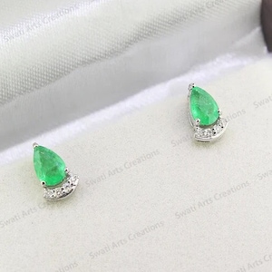 Natural Zamabian Pear Shape Emerald and Diamond Studs in 14K Yellow Gold, Minimal Earrings, Gemstone Earrings, Christmas Gift, Birthday Gift