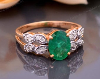 925 Sterling Silver Natural Emerald Gold Ring, Gold Plated Precious Gemstone Jewelry, Oval Shape Emerald Ring for Women, May Birthstone Ring