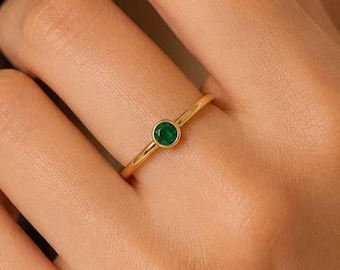 9K / 14K SOLID GOLD NATÜRLICHER Smaragd Einzelstein Lünette, die minimalistischen Ring, zierlichen Stapelring einstellt