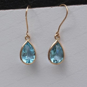 Natural Blue Topaz long Earrings, 14K/18K Gold Earrings, Anniversary Gift, Blue Topaz Earring, Blue Topaz Gold Earring, November Birthstone