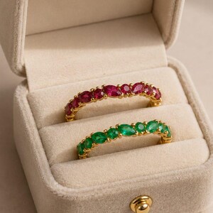 9K/14K SOLID GOLD NATURAL Emerald Full Band, Round and Marquise Alternate Ring for Woman