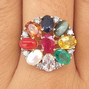 14K Gold Navratna Chakra Ring: 9 Gemstone Healing Jewelry